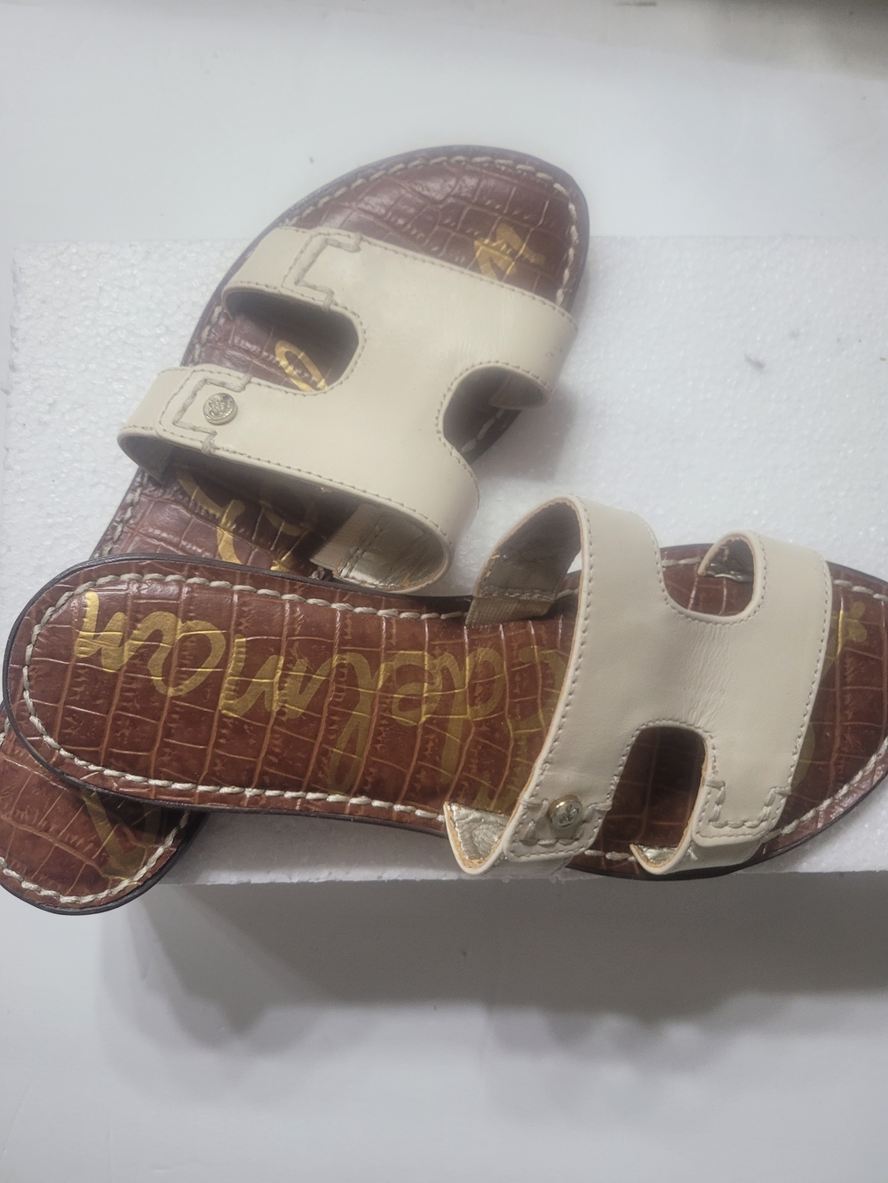 Sam Edelman Cream Slide Sandals with Brown Croc-Print Footbed